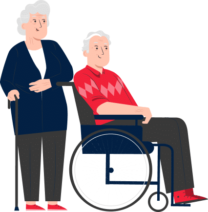 one old woman with a cane and an old man in a wheelchair
