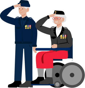 one standing veteran and one in a wheelchair saluting